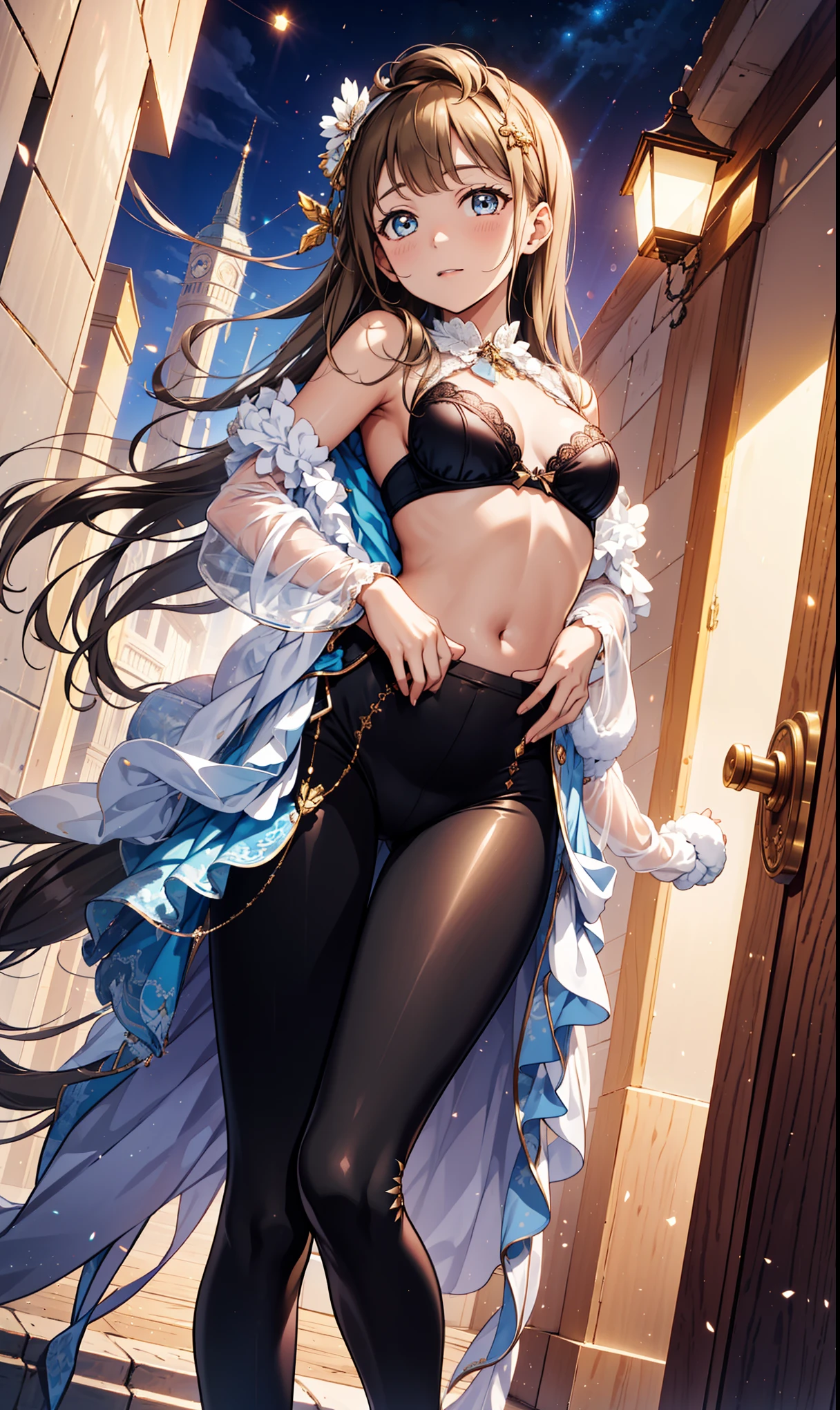 (masterpiece, Side Light, Delicate and beautiful eyes: 1.2), Smooth skin,happy,((Solitary),Drooping corners of the eyes,(High Detail Skin),(Perfect body),A beautiful girl,Small Breasts,Obsessed,((Bust Covering Bra)),(satin collar),(Short gloves are only half the length of a palm),Lace-up pantyhose,High waist pants,night,An expectant expression