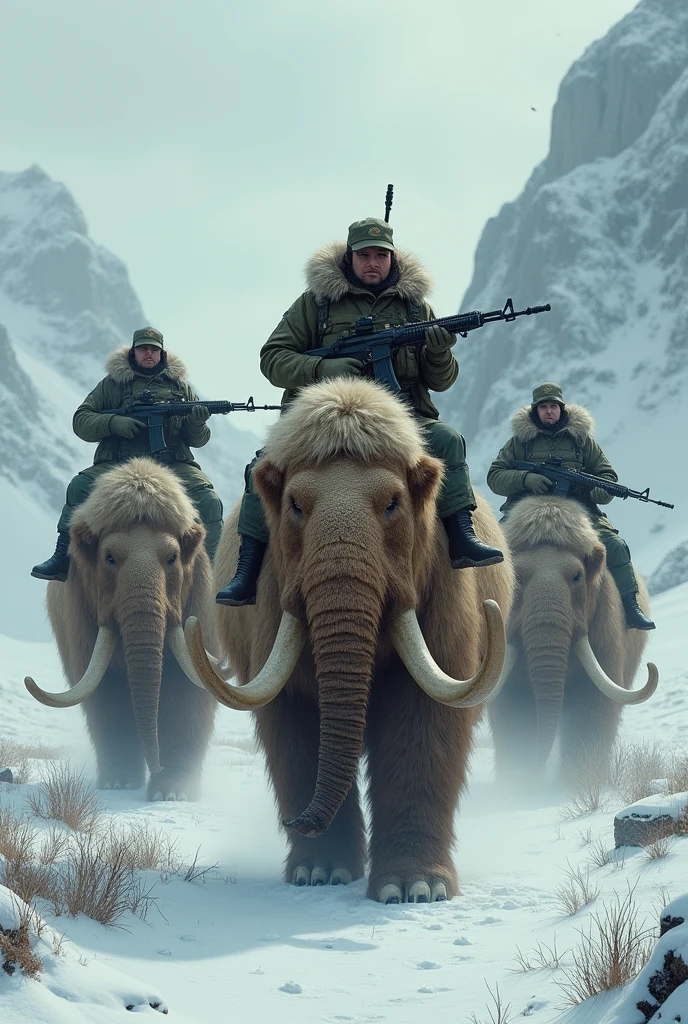 three Russian soldiers armed with Kalashnikovs on the backs of giant mammoths