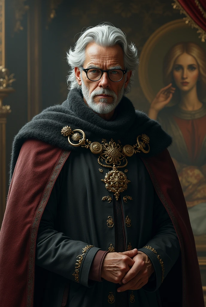A dark king, Slightly grey hair with white streaks due to old age, 6, good looking, high, wears glasses, slightly serious expression, dressed in the robes that kings wear in fairy tales, directly observing two paintings. 
