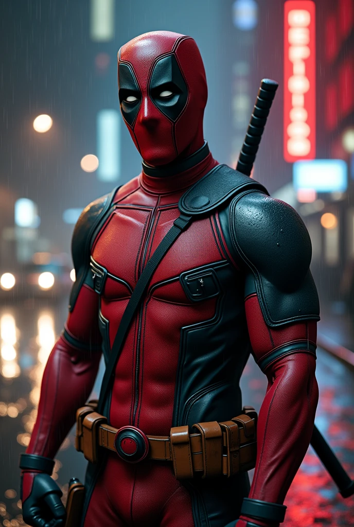 **Prompt:**
"Create an ultra-realistic image of Deadpool standing on a rainy, dimly lit city street at night. Deadpool should be depicted with his iconic red and black suit, detailed with visible wear and tear, emphasizing the texture of the fabric and armor. His suit should be wet from the rain, with water droplets running down the surfaces, reflecting the ambient city lights. The image should capture Deadpool's face with hyper-detail, showing the intricate textures of his mask, including the subtle seams, wrinkles, and any scarring beneath the mask that hints at his disfigured skin. His body should exhibit detailed musculature under the suit, with every contour and crease highlighted by the ambient lighting.
His katanas should be sheathed on his back, with one hand resting on the hilt, ready for action. The lighting should be cinematic, casting dramatic shadows across his face and body, with a focus on contrasting light and dark areas. Subtle highlights should pick out the contours of his face, enhancing the realism. Include reflections of neon signs in nearby puddles, adding to the atmosphere of a gritty urban environment. Ensure the background showcases blurred silhouettes of tall buildings and distant car headlights, enhancing the depth of the scene.
The overall composition should evoke a sense of tension and readiness, capturing Deadpool's sarcastic yet intense personality. The image should be so detailed that individual raindrops and the texture of the suit's stitching are clearly visible, with the lighting enhancing every curve and edge of Deadpool's form."
**Settings & Keywords:**
- **Style:** Hyper-realistic, Photorealistic
- **Lighting:** Cinematic, High-contrast, Dramatic shadows
- **Textures:** High-detail, Reflective surfaces, Wet surfaces, Intricate mask and suit details
- **Focus:** Sharp, Emphasize face and body details, Depth of field effect on background
- **Color Palette:** Dark, Muted colors with pops of red and neon
- **Environment:** Urb