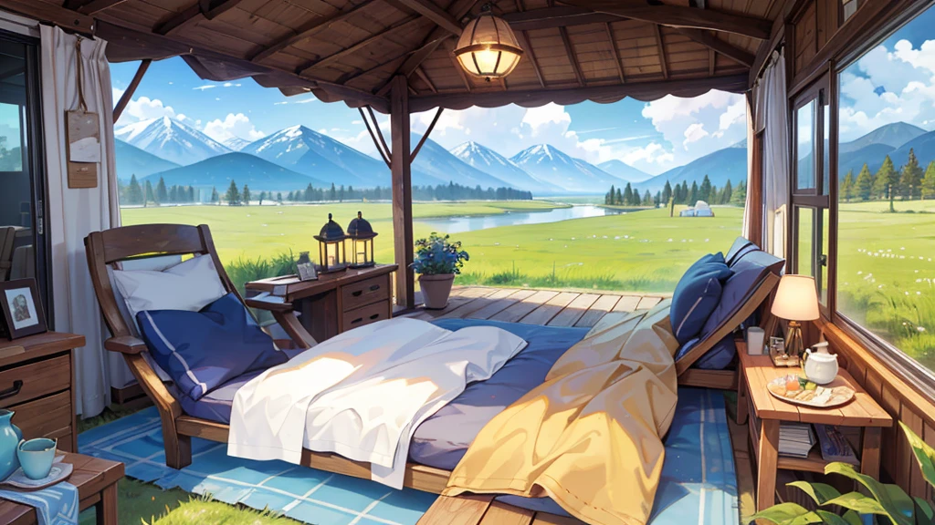 A cozy and relaxed scene inside the back of a yellow camper van with its doors wide open, revealing a breathtaking outdoor view of a grassy field and distant mountains under a clear blue sky. The van is set up for a peaceful day, with soft blankets and pillows arranged for comfort. In the foreground, a person is seen with their legs stretched out, wearing cozy socks, enjoying the tranquil environment. A small wooden tray holds candles, a coffee pot, and a book, adding to the serene atmosphere. Overhead, a storage rack holds various items, and there is a hanging decoration with books or postcards. The overall mood is peaceful, calm, and inviting, perfect for a restful day in nature.