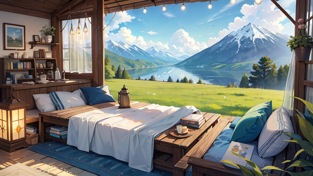A cozy and relaxed scene inside the back of a yellow camper van with its doors wide open, revealing a breathtaking outdoor view of a grassy field and distant mountains under a clear blue sky. The van is set up for a peaceful day, with soft blankets and pillows arranged for comfort. In the foreground, a person is seen with their legs stretched out, wearing cozy socks, enjoying the tranquil environment. A small wooden tray holds candles, a coffee pot, and a book, adding to the serene atmosphere. Overhead, a storage rack holds various items, and there is a hanging decoration with books or postcards. The overall mood is peaceful, calm, and inviting, perfect for a restful day in nature.