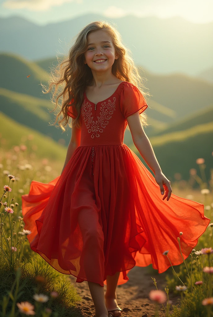 A girl with red colour frok and long hair