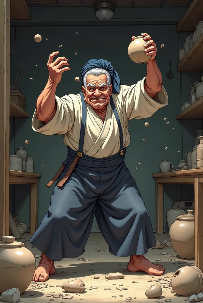 A cranky old craftsman swinging a piece of pottery up and about to smash it onto the floor、Workshop、Kimono work clothes、Broken ceramic jars scattered on the floor、A navy blue towel wrapped around the head