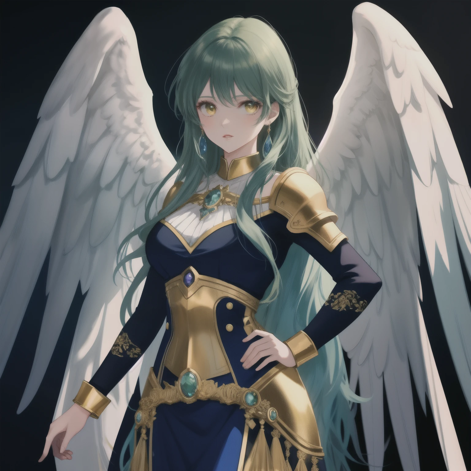 Wings: Symmetrical angel wings extending from the back, with a mix of gold, blue, and green (1:1.8)
Color: Gold (Main 1), Blue (Main 2), Green (Main 3), Emerald Green, Light Blue, Yellow, Silver, Deep Red, Purple, Orange, Pink (1:1.4)
BREAK
Theme: Protection of mind and body, peace and tranquility, blessings for improved living standards, spiritual guardian, protection, and escort (1:2.0)
Quality: Masterpiece, ultra-detailed, an extremely delicate and beautiful, detailed beautiful face and eyes, perfect hands, natural pose, smooth skin, accurate anatomy, ideal ratio body proportions, realistic fingers, golden ratio 1.5
Resolution: Ultra high resolution, high Saturation:1.5, HD, 4K, 8K, 16K, color bit depth 24-bit, 48-bit
BREAK
Special: Cute illustration:1.6, abstract, hyper-realistic, ultra detailed illustration
Number of characters: Ultra-ultimate beautiful one woman
BREAK
Atmosphere: Spiritual and peaceful
Style: Anime style
Power Words: Artistic and ultimate, strongest and perfect, extraordinary, groundbreaking, astonishing, overwhelming, original, pioneering, innovative
Recommended Model and LoRA: BREAK
Sub-theme: Details and beauty that cannot be captured in reality, clear boundaries, extremely detailed and beautiful
Worldview: Fantasy, fantastical night sky, misty ruins
Additional Elements: The image is an anime style illustration featuring a girl with long hair and yellow eyes. She is wearing a black armor with gold accents, and her outfit includes intricate decorations. The character is posed with her left hand on her hip and her right hand making a V sign, commonly recognized as a peace sign. She is not holding a sword, as not all captions agree on this point, and instead, it's clear that her right hand gesture is most consistent across descriptions. The background suggests a fantasy or surreal environment, possibly misty ruins or a night sk