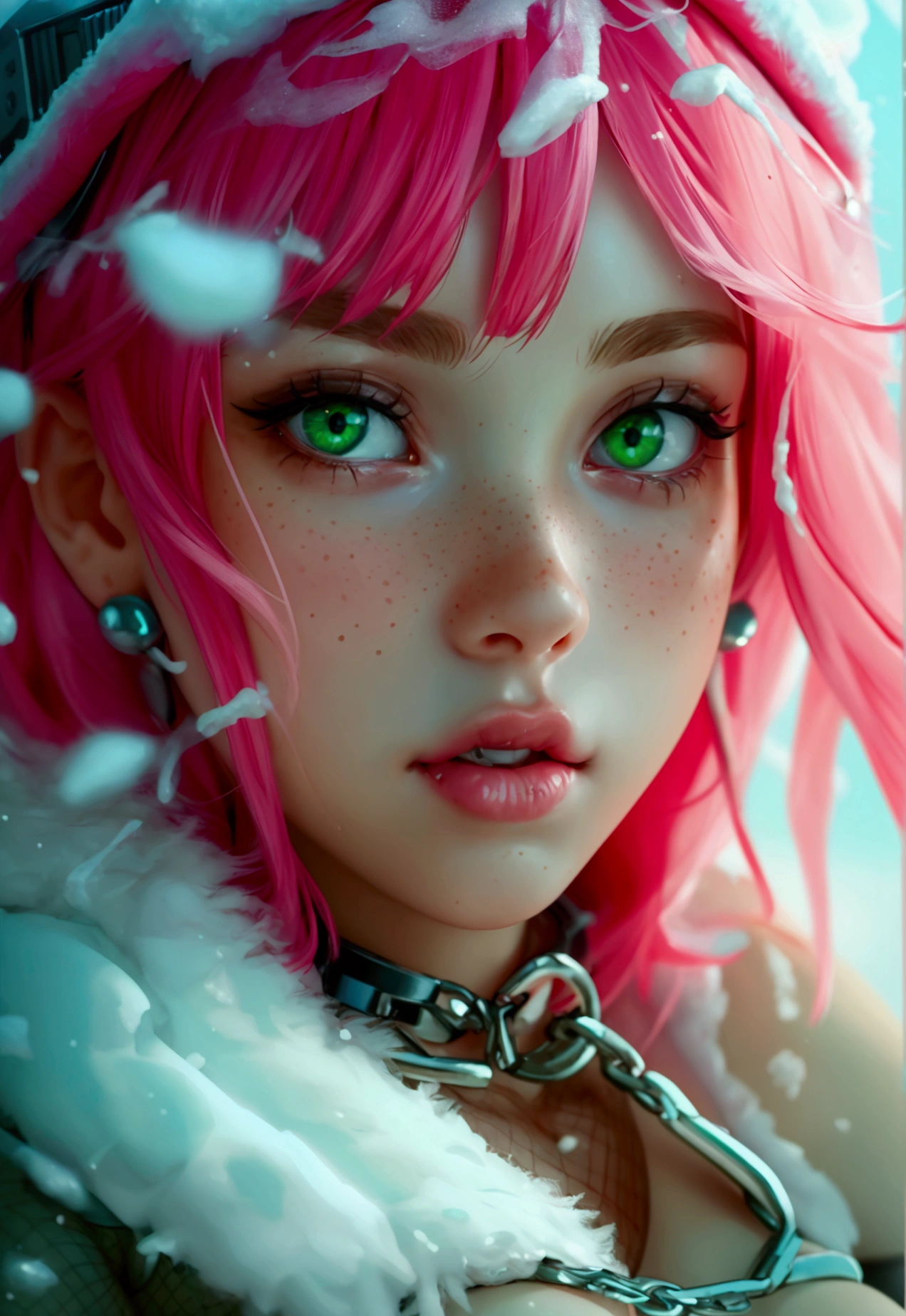 Young girl, influencer, with green eyes, pink hair, very pretty, freckles, big breasts, she is naked and only wearing individual fishnet stockings. Around her neck she wears a dog collar and on her hands are handcuffs. She is cold because she is in the snow. Her face and breasts are full of semen. The photograph is hyperrealistic and the camera is at medium height, capturing her from a close-up.