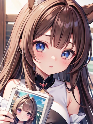 Face close-up,Diagonal angle., Intricate details, Beautiful and delicate eyes, An anime girl with long brown hair and brown eyes is taking a photo, Smooth anime CG art, Admire Vega, Detailed digital anime art, Gweitz, Ishida Sui Art Manga, Uma Musume, Official artwork, pixiv style, Detailed anime artwork, Artbook artwork, Enchanting anime girl, Sogetsu, Detailed Anime Character Art, Died、Horse&#39;s ears、Long Blue Backless Dress,naked, I&#39;Taking a photo from the side