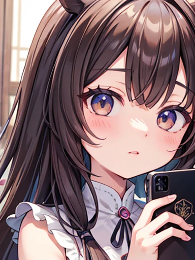 Face close-up,Diagonal angle., Intricate details, Beautiful and delicate eyes, An anime girl with long brown hair and brown eyes is taking a photo, Smooth anime CG art, Admire Vega, Detailed digital anime art, Gweitz, Ishida Sui Art Manga, Uma Musume, Official artwork, pixiv style, Detailed anime artwork, Artbook artwork, Enchanting anime girl, Sogetsu, Detailed Anime Character Art, Died、Horse&#39;s ears、Long Blue Backless Dress,naked, I&#39;Taking a photo from the side