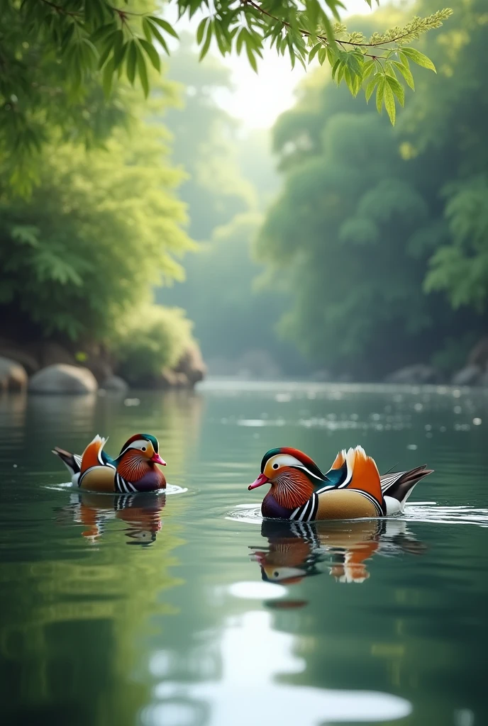 Mandarin ducks playing in the water