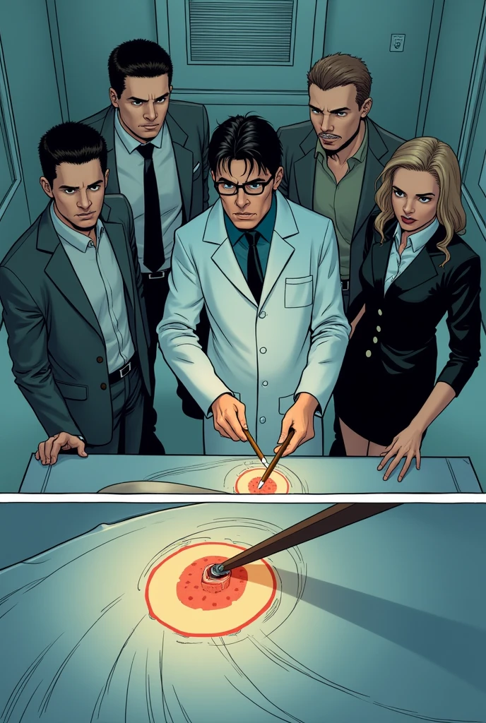 In an autopsy room, Doc Sheddon, in a lab coat, carefully inserts a pencil into a wound to show the bullet’s trajectory. Harry, in a grey suit with a loosened tie, watches intently, while Kate, in a dark blazer and skirt, looks thoughtful. Lonnie, in a casual shirt, is curious. The panel is split: an overhead shot shows all four characters around the body, and a close-up highlights the pencil’s angle inside the wound. It’s morning.