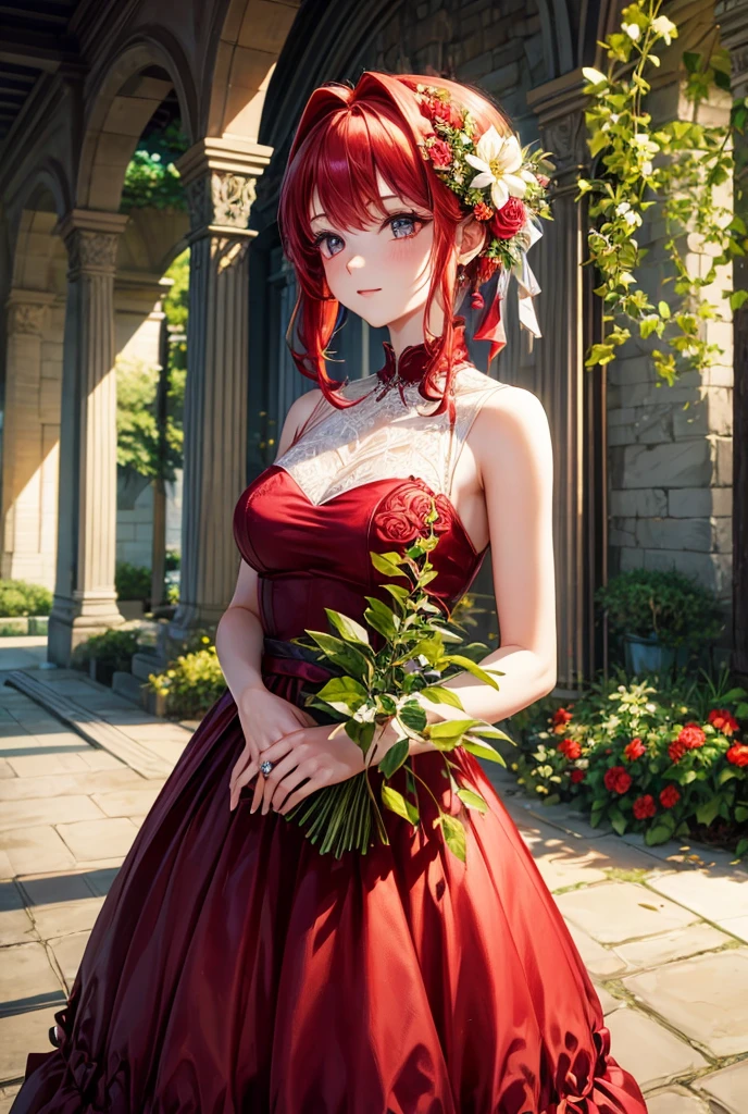 ada with a flower cage In the south with a red hair with a dress made of a flower Green wings grass weddings 
