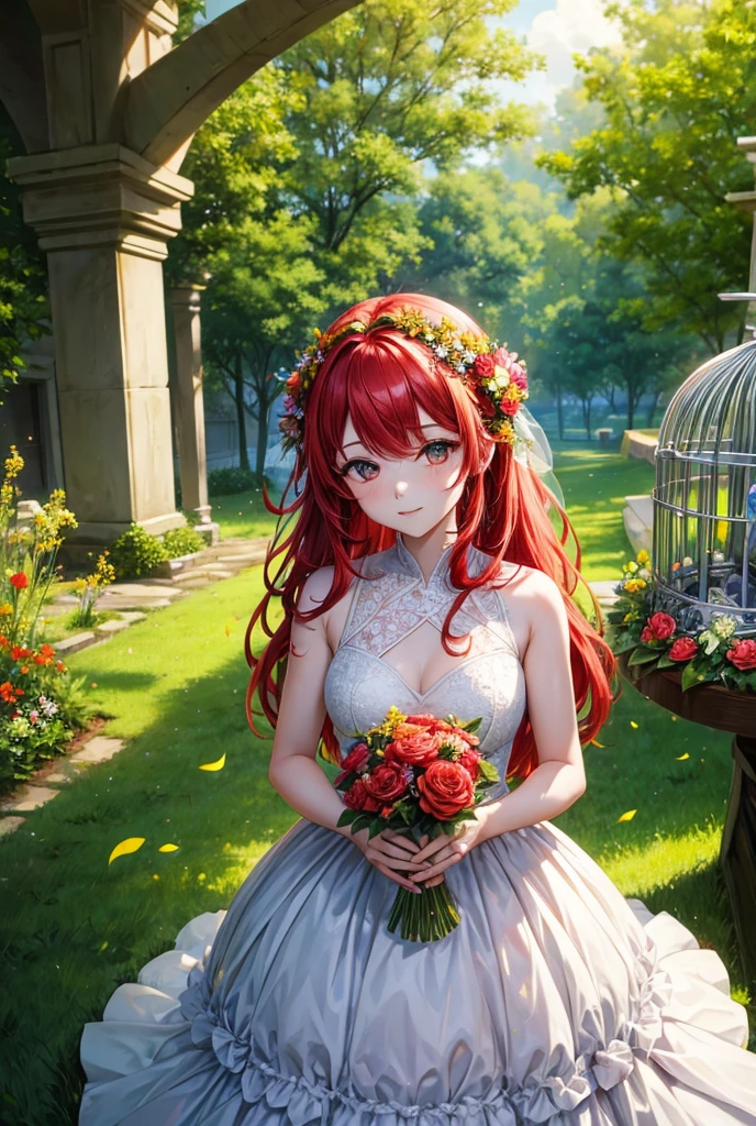 ada with a flower cage In the south with a red hair with a dress made of a flower Green wings grass weddings