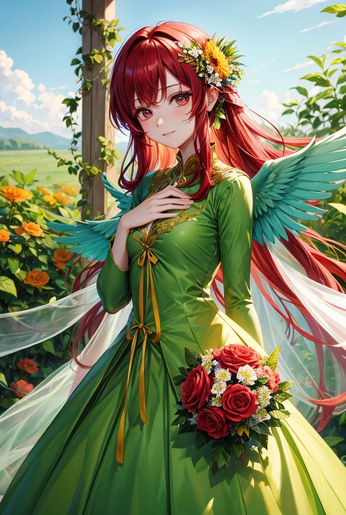 ada with a flower cage In the south with a red hair with a dress made of a flower Green wings grass weddings 

