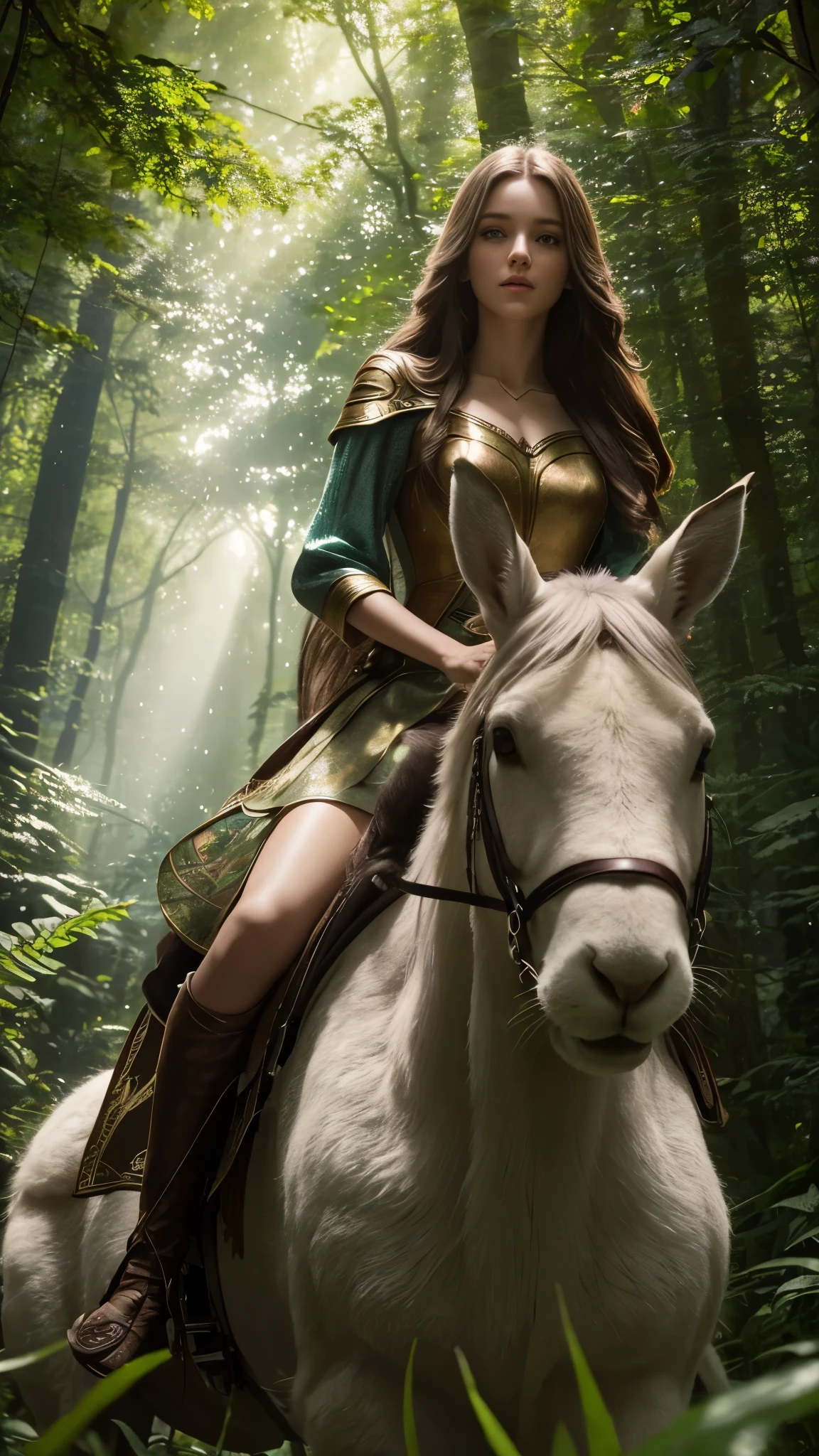 a beautiful young woman with long flowing hair, riding on a rabbit, detailed portrait, highly detailed, intricate details, hyper realistic, photorealistic, 8k, cinematic lighting, glowing skin, mesmerizing eyes, lush environment, verdant forest, sunlight filtering through the trees, enchanting atmosphere, fantasy, magical realism