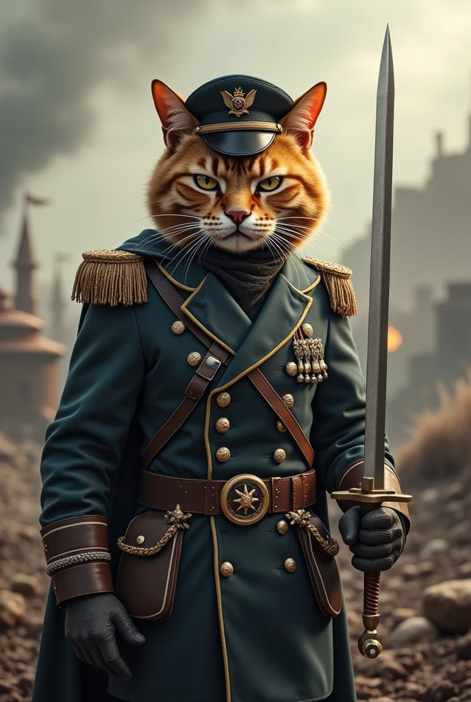 A cat in a soldier uniform holding a sword 