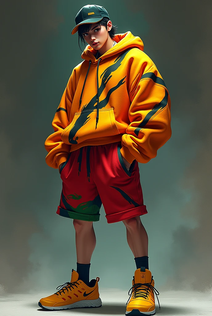 Character with yellow sneakers with black, black and white eyes, a cap inside out, red shorts tinted with green, an orange sweater decorated with black lines with a dangerous fighter side, a slightly muscular body