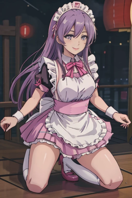 One Girl, (((Japanese Mature Maid 1.5))), alone, ((long purple hair 1.4)), (Sexy Aunt)，((Thighs)),  Adult sex appeal, ((Pink miniskirt maid outfit 1.5))，((Knee-high socks 1.4)),whole body, bangs, Realistic,((Small breasts 1.2)), (Cel animation),tune 4k, Highest quality, Slender beauty, Very clear photos, Beautiful pose、((Cute pink maid outfit))、smile、Straight hair,((Night city background))