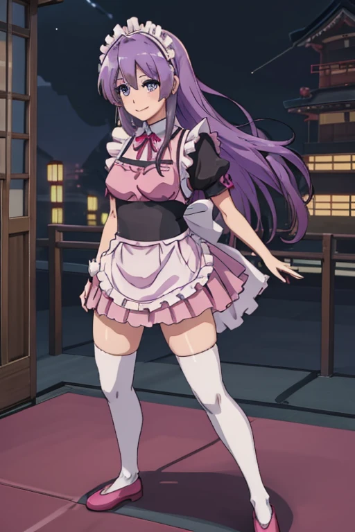 One Girl, (((Japanese Mature Maid 1.5))), alone, ((long purple hair 1.4)), (Sexy Aunt)，((Thighs)),  Adult sex appeal, ((Pink miniskirt maid outfit 1.5))，((Knee-high socks 1.4)),whole body, bangs, Realistic,((Small breasts 1.2)), (Cel animation),tune 4k, Highest quality, Slender beauty, Very clear photos, Beautiful pose、((Cute pink maid outfit))、smile、Straight hair,((Night city background))