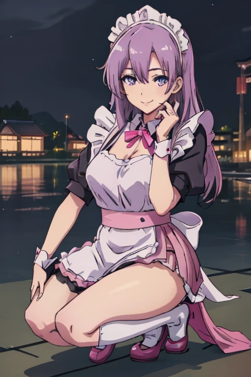 One Girl, (((Japanese Mature Maid 1.5))), alone, ((long purple hair 1.4)), (Sexy Aunt)，((Thighs)),  Adult sex appeal, ((Pink miniskirt maid outfit 1.5))，((Knee-high socks 1.4)),whole body, bangs, Realistic,((Small breasts 1.2)), (Cel animation),tune 4k, Highest quality, Slender beauty, Very clear photos, Beautiful pose、((Cute pink maid outfit))、smile、Straight hair,((Night city background))