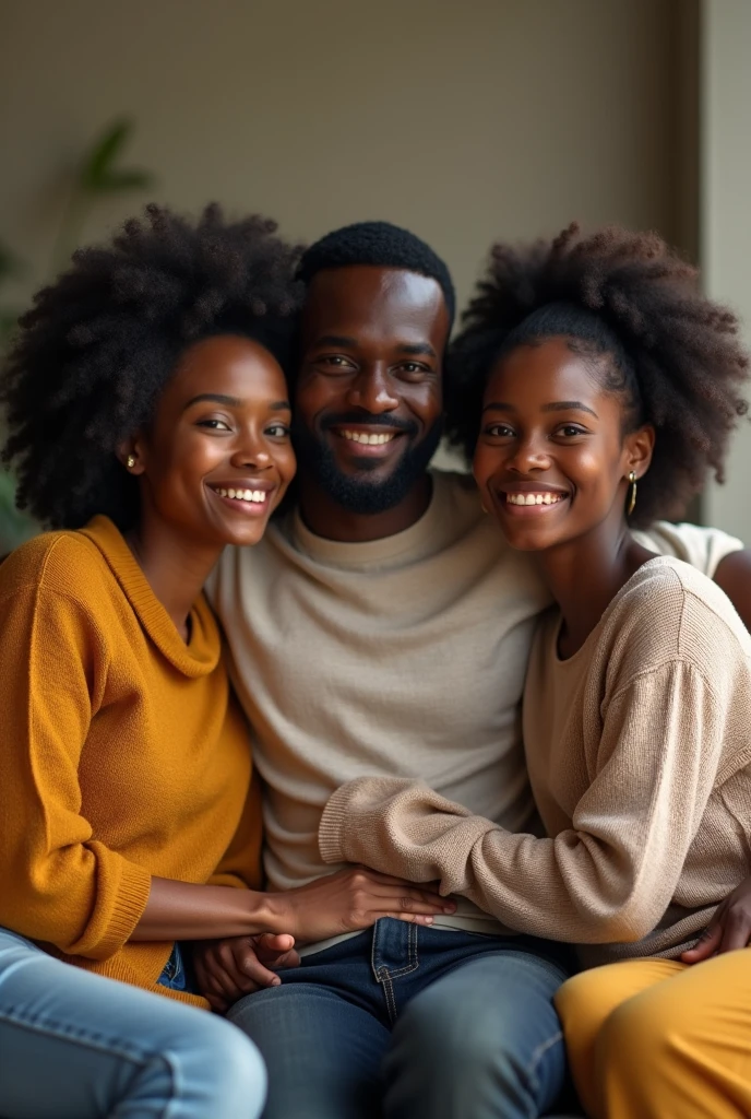 A black man sitting on sofa with his Ethiopian mom And his sister by there side