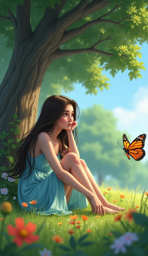 A named Aisha with long brown hair and wearing a light blue dress, sitting under a large oak tree in a sunny park. She looks bored, resting her chin on her hand. In front of her, a bright, colorful butterfly with orange and black wings flutters by, capturing her attention. The background shows a green park with flowers and a clear blue sky