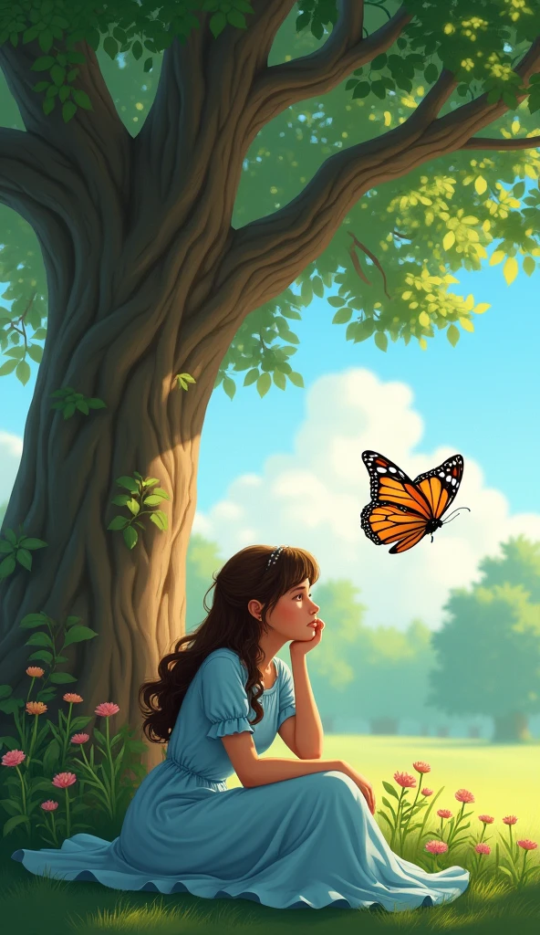 A named Aisha with long brown hair and wearing a light blue dress, sitting under a large oak tree in a sunny park. She looks bored, resting her chin on her hand. In front of her, a bright, colorful butterfly with orange and black wings flutters by, capturing her attention. The background shows a green park with flowers and a clear blue sky