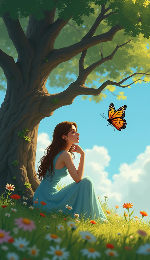 A named Aisha with long brown hair and wearing a light blue dress, sitting under a large oak tree in a sunny park. She looks bored, resting her chin on her hand. In front of her, a bright, colorful butterfly with orange and black wings flutters by, capturing her attention. The background shows a green park with flowers and a clear blue sky