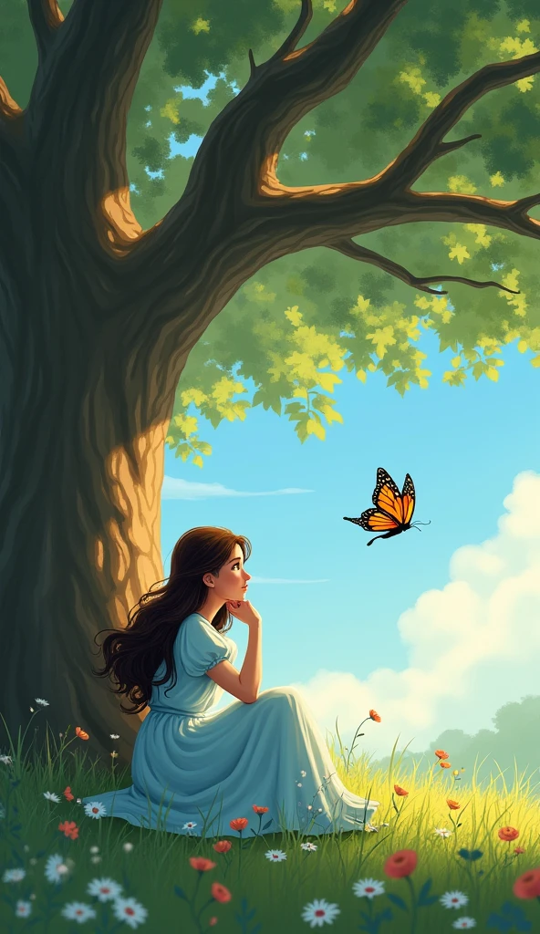 A named Aisha with long brown hair and wearing a light blue dress, sitting under a large oak tree in a sunny park. She looks bored, resting her chin on her hand. In front of her, a bright, colorful butterfly with orange and black wings flutters by, capturing her attention. The background shows a green park with flowers and a clear blue sky