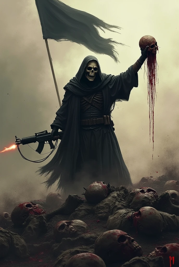 A man with gun and doing fire in air in a war
Wearing a skeleton mask and in the left hand he have a head of enemy standing on many dead bodies of enemy and in background a black flag 
