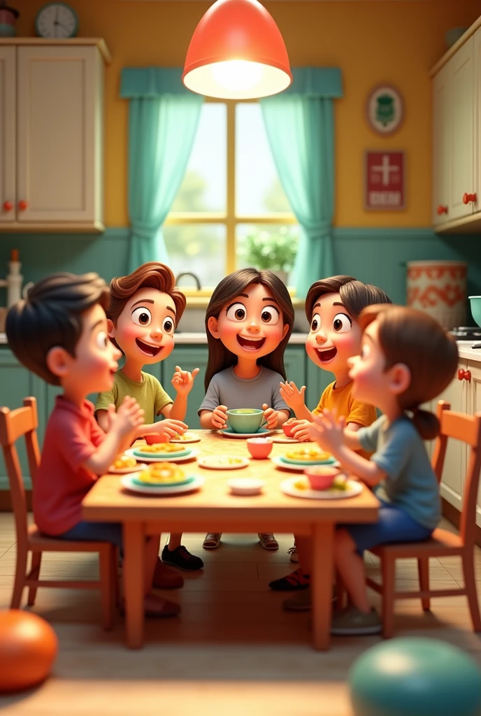At kitchen table, 3d cartoon, 
