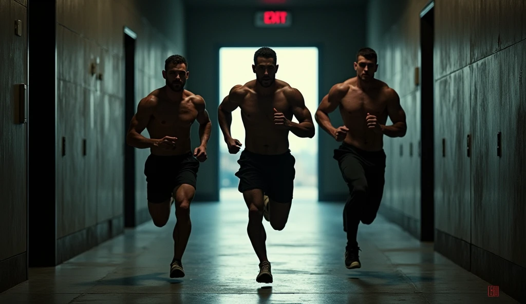 The 3 yang man running down a long, dark corridor towards the exit.