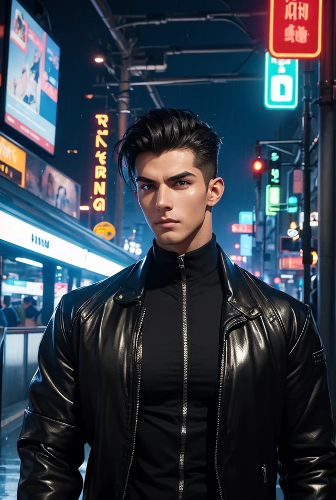 ((masterpiece)),((best quality)),((ultra high detailed)),((realistic,)), a tall handsome muscular young man, cyberpunk, solo, extremely detailed face and body, (shiny smooth skin), hot glow in his skin, perfect facial features, beautiful eyes, short hairstyle, sexy gaze, sexy expression, looking at the viewer romantically, open shirt, beautiful, gorgeous, wet, Futurist era city, architectural streets, futuristic train lines, buildings, night, European city, rainy, neon lights, sexy posture,