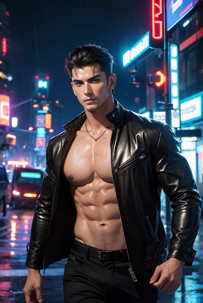 ((masterpiece)),((best quality)),((ultra high detailed)),((realistic,)), a tall handsome muscular young man, cyberpunk, solo, extremely detailed face and body, (shiny smooth skin), hot glow in his skin, perfect facial features, beautiful eyes, short hairstyle, sexy gaze, sexy expression, looking at the viewer romantically, open shirt, beautiful, gorgeous, wet, Futurist era city, architectural streets, futuristic train lines, buildings, night, European city, rainy, neon lights, sexy posture,
