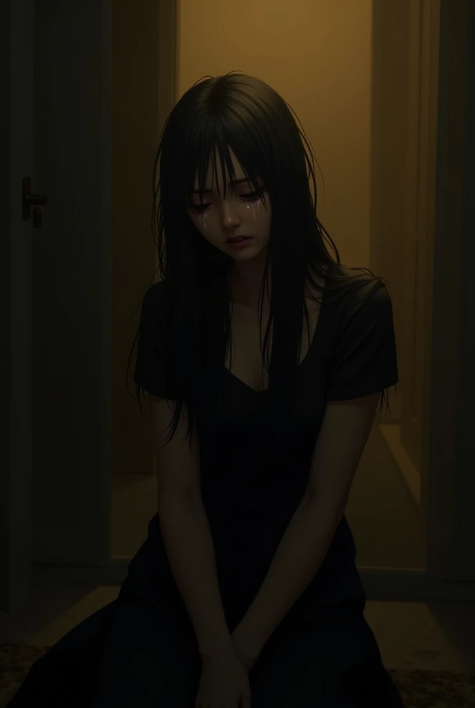 The women along sitting in a dark room with some yellow light and his crying lot waring black dress and showing his face and lose long hair and his face full of sadness