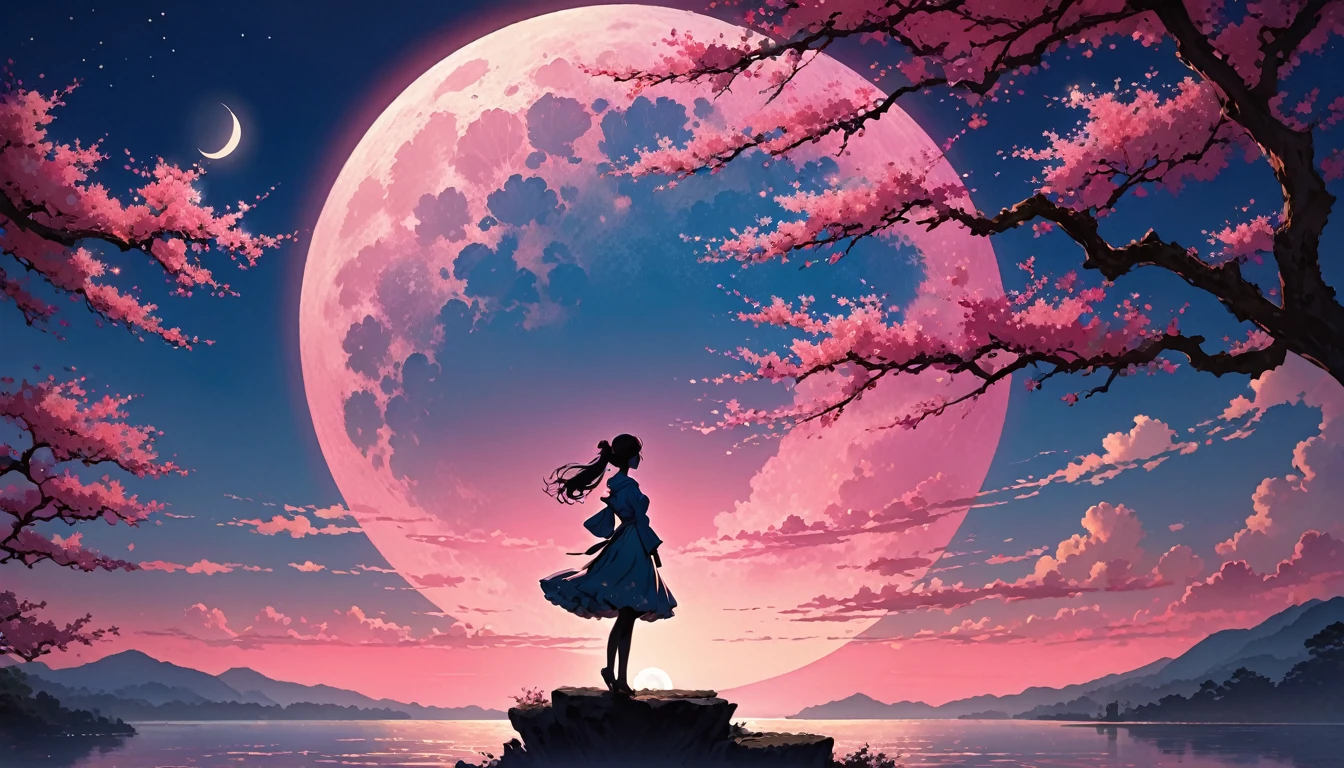 This image is、It depicts the silhouette of a girl standing against a beautiful moon.。. The sky changes from a deep pink near the horizon to a deep blue as it rises.. The figure is、It looks like it's enveloped in tiny sparkling fairy lights.。, Some are illuminated, Creates a stunning and captivating contrast with the dark silhouette. This person appears to have one arm outstretched., Perhaps it's adapted to light、Interacts with light. The overall atmosphere of the image is serene and magical.,Because I'm not the only one who believes that,Illuminated by the starry sky, my feelings for you,My heart won't wait for me,I can't say anything even though we're just the two of us