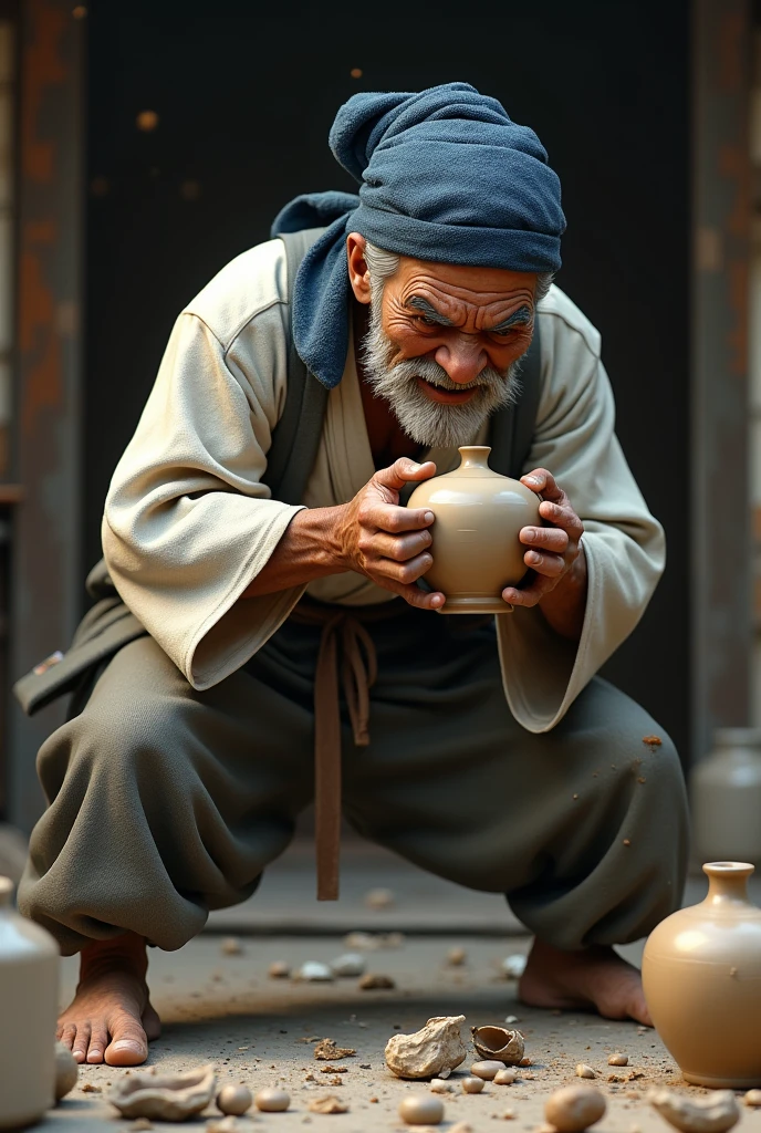 A cranky old craftsman swinging a piece of pottery up and about to smash it onto the floor、Workshop、Kimono work clothes、Broken ceramic jars scattered on the floor、A navy blue towel wrapped around the head、Realistic