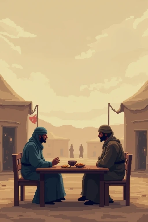 Sure! Here’s a description of the image you provided:
The image shows two individuals sitting across from each other at a low table, engaged in a conversation. Their faces are pixelated, making them unrecognizable. The setting appears to be historical or ancient, possibly Middle Eastern, based on their clothing and the tent structures in the background. On the table, there are various items, including what looks like bread and a blue-patterned bowl. In the background, another person is walking past the tent.
Is there anything specific you’d like to know or