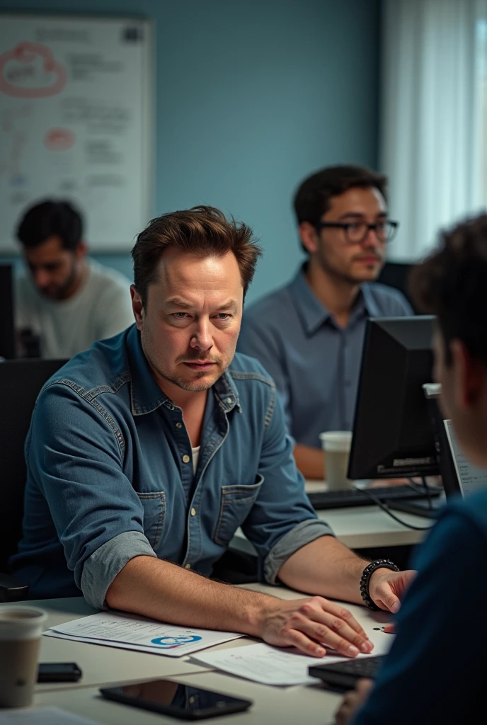 The Founding of PayPal:
"Elon Musk in an early 2000s tech office, working intensely at a computer, surrounded by team members. The scene depicts the founding of X.com, later known as PayPal. The office is filled with brainstorming notes, a whiteboard, and a palpable energy of innovation."