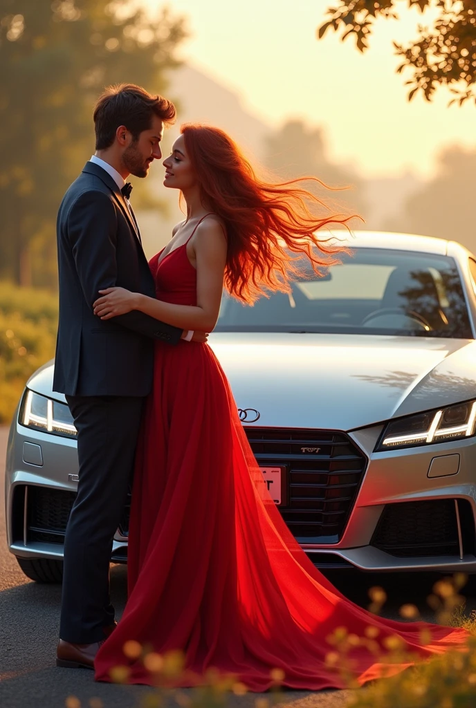 A girl with red colour frok and long hair she with her boyfriend and audi TT