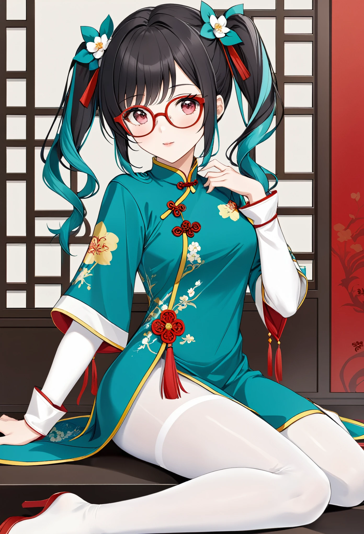 Zhezhi, twintails, multicolored hair, glasses, hair ribbon, chinese clothes, white pantyhose,
