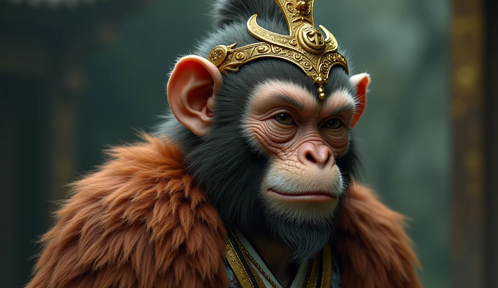 photo of the monkey king sun wukong. He has highly detailed fur and accessories. Muted cinematic colors, shot on cinstill film --ar 9:16 --quality 2