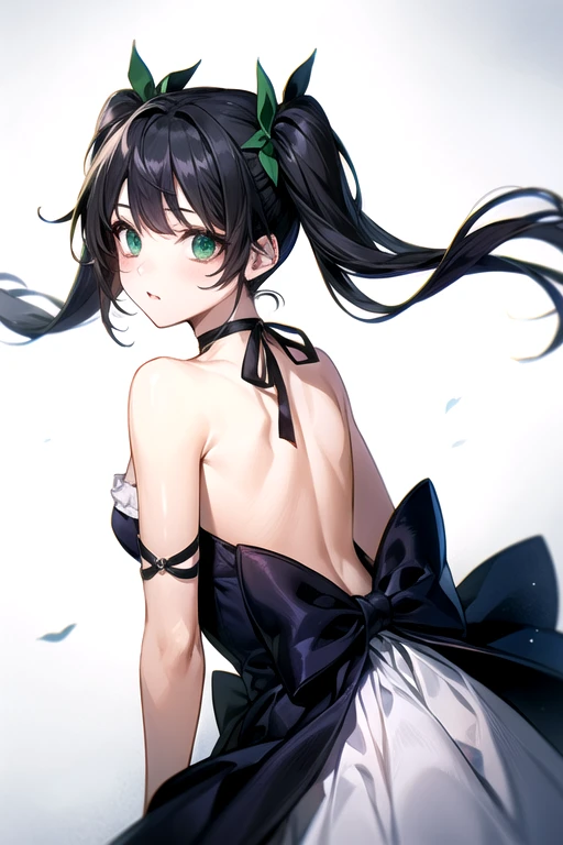 (Highest quality)、(Highest quality)、cute、(choker).eyes are emerald、(Twin tails)、(Black Hair)、(backless dress).