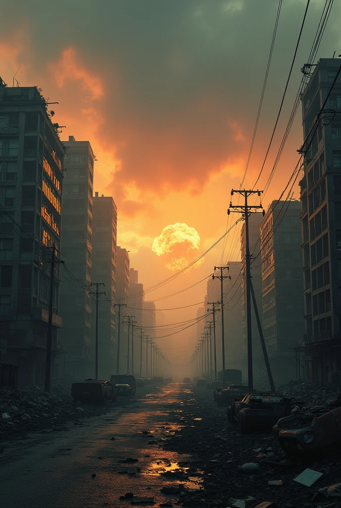 A cinematic shot of an apocalyptic urban landscape. The once-thriving city is now devastated, with crumbling skyscrapers and ruined infrastructure. The streets are filled with debris and wreckage. The sky is filled with thick, dark clouds, swirling menacingly and intermittently lit by fiery orange and yellow explosions in the distance. The atmosphere is thick with dust and smoke, casting eerie shadows across the scene. Broken power lines spark intermittently, while abandoned vehicles are left in disarray, adding to the sense of chaos. High-contrast lighting emphasizes the deep shadows and sharp contrasts, creating a tense, foreboding mood.