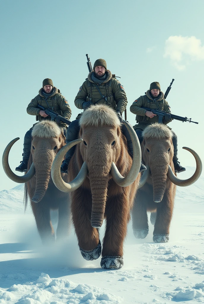 trois soldats russes armés de kalashnikovs sur des mammouths gigantesques
