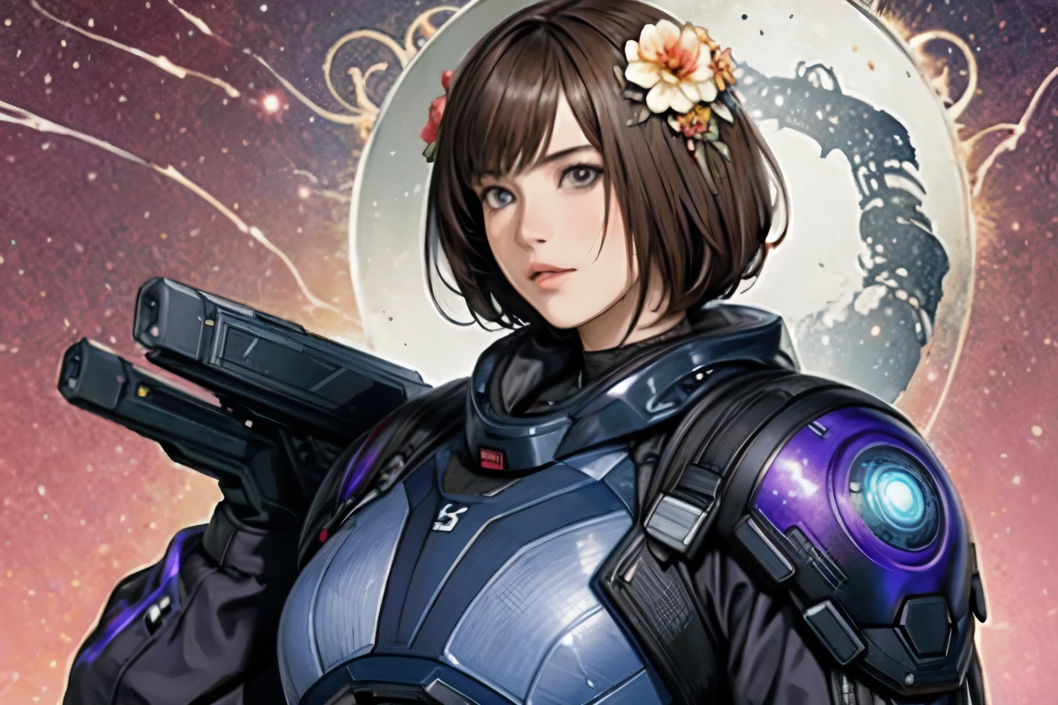 278 (20-year-old woman,short hair) , flower, Futuristic clothing, machinery suit, (The background is a galaxy and nebula)