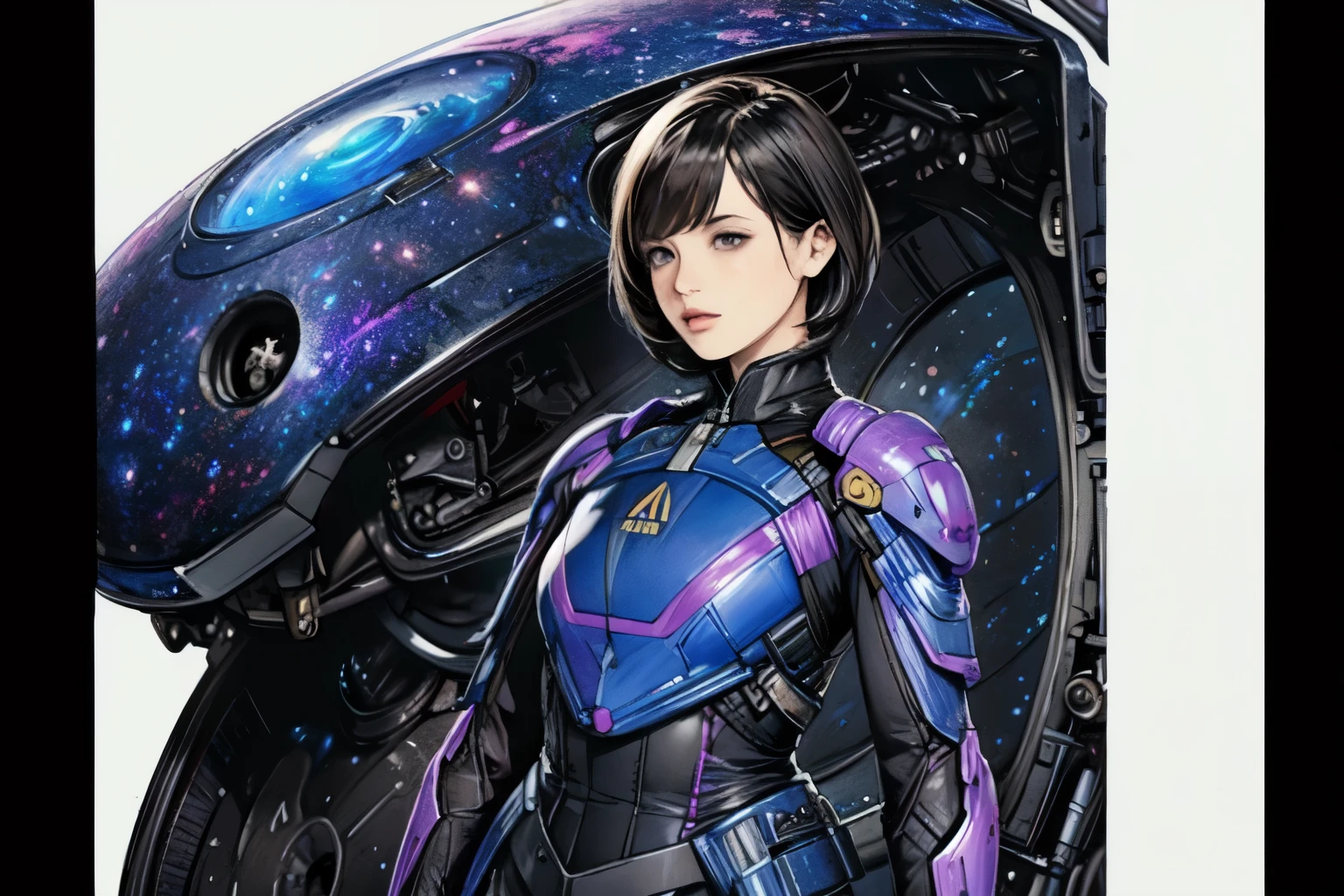 278 (20-year-old woman,short hair) , flower, Futuristic clothing, machinery suit, (The background is a galaxy and nebula)