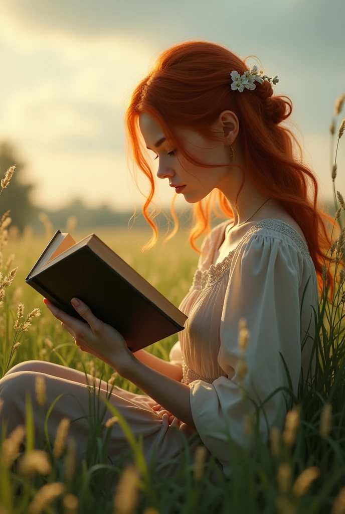 (Realisttic:1.2). ((best quality)), ((masterpiece)), (detailed), ultra high resolution. great quality, Masterpiece, detailed strange background, better performance, RAW photo. 32K Ultra HD, beautiful young woman sitting in a chair reading a book in a field, reading a book, reading new book, reading, reading under a tree, reading the book about love, dramatic reading book pose, sitting in a field, dramatic reading spell book pose, redhead girl, trying to read, village girl reading a book, sitting on green grass, beutiful. (denoising of strength:1.45) , Abstraction, Oil, Sketch, (​masterpiece:1.3),(Top image quality,top-quality),Detailed details,vvi\(artstyle\), vvi\(face\),vvi\(eyeasterpiece)), ((ultra-detailed)), best shadows, best lighting, best quality, cinematic shot,  fractal art:1.35, side lighting, sparkle, god rays, ray tracing,