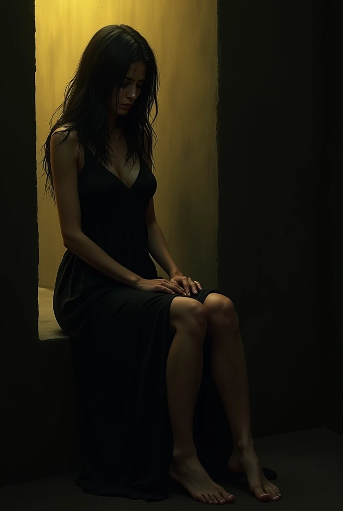 The women sitting in a dark room  with some yellow light and his crying lot waring black dress and showing his face and lose long hair and his face full of sadness.
