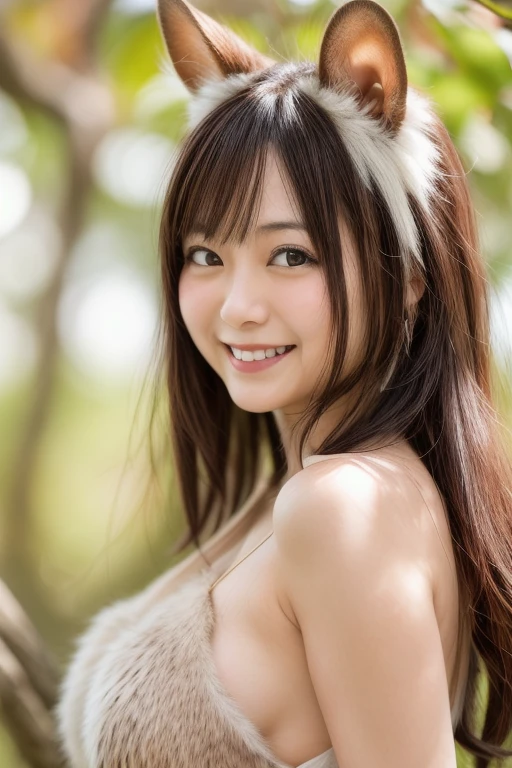 Realistic, photoRealistic, detailed, beautiful, RAW Photos, Film Grain, (Natural light :1.2), View your viewers,
Portraiture, Depth of written boundary,
Japanese women, 1, Squirrel ears, Squirrel Tail,, Plump, Fur tank top, Fluffy hair,smile, On the branch of a big tree