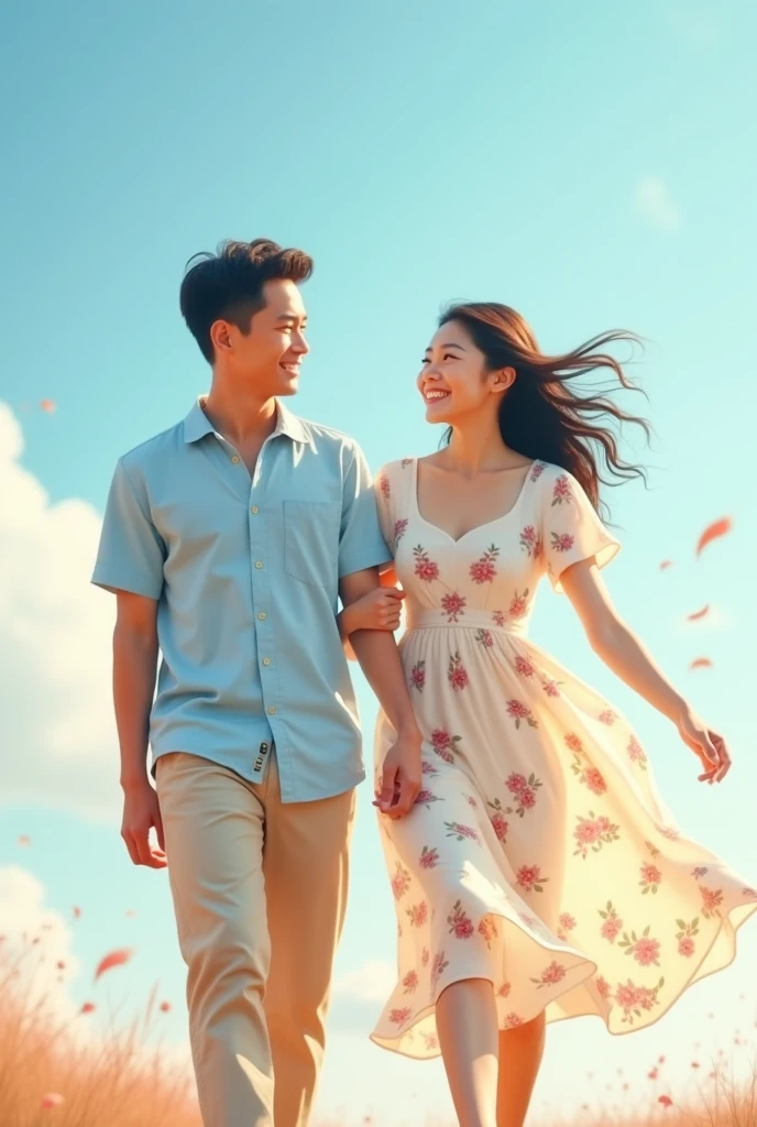 A young Asian couple walking together and smiling, the woman wearing a floral dress and the man wearing a light blue shirt and khaki pants, in front of a blue and white background